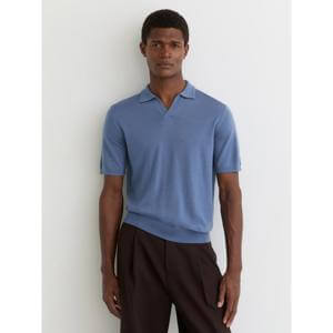 REISS Duchie Merino Wool Open-Collar Polo Shirt in Nordic Blue
